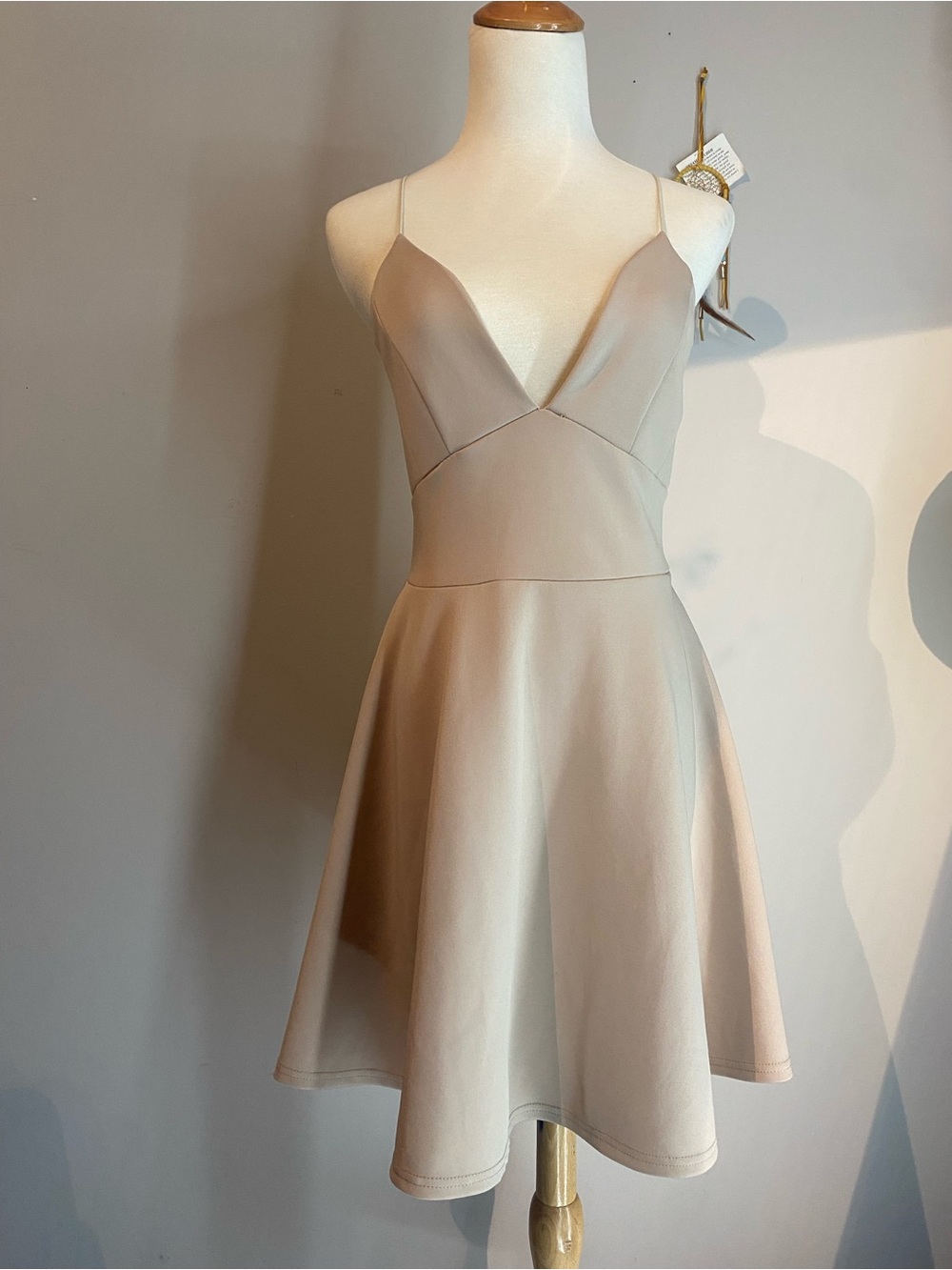 Sleek V-Neck Spaghetti Strap Mini Dress in Nude